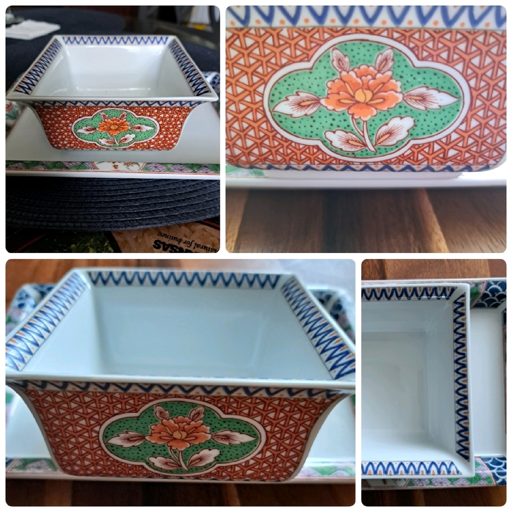Vintage Japanese Square Rice Bowl and Rectanglular Tray